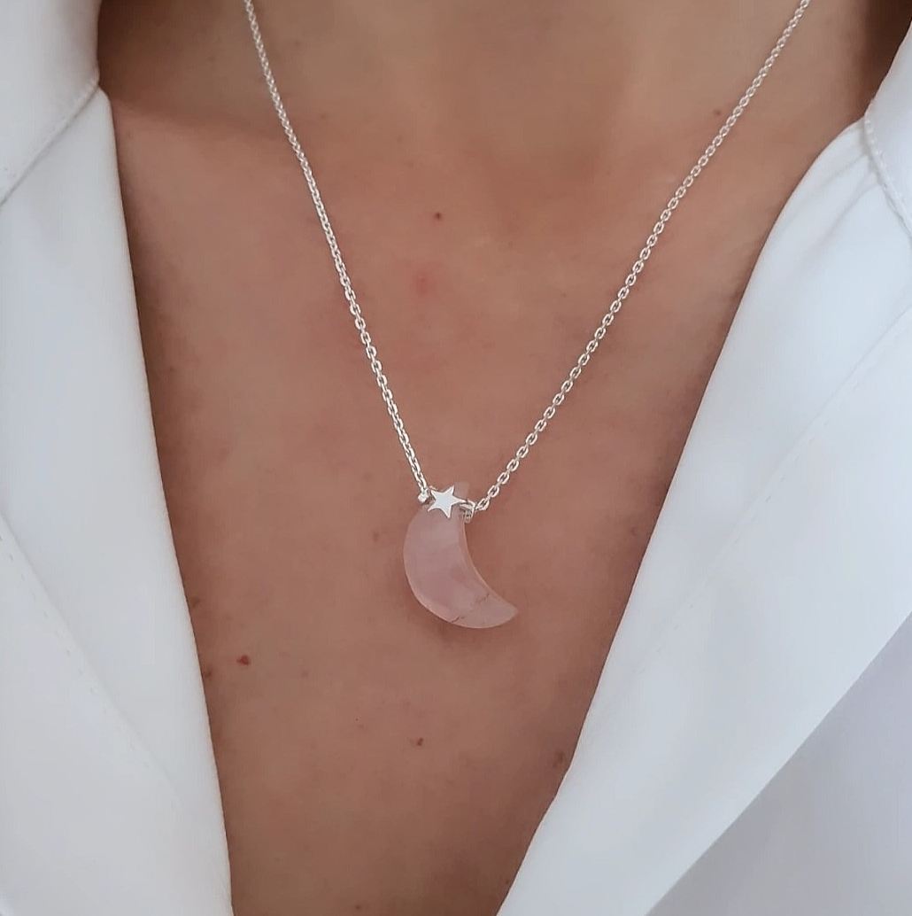 collar de luna moonlight plata de ley con cuarzo rosa Zue Joyas