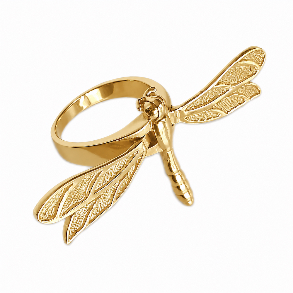 anillo de libelula con alas móviles plata de ley con baño de oro zue joyas