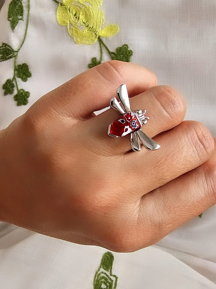 anillo de libélula de plata de ley con cristal de murano rojo dragonlfy Zue Joyas