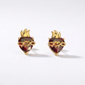 pendientes sagrado corazon rojo granate plata con baño de oro Zué Joyas