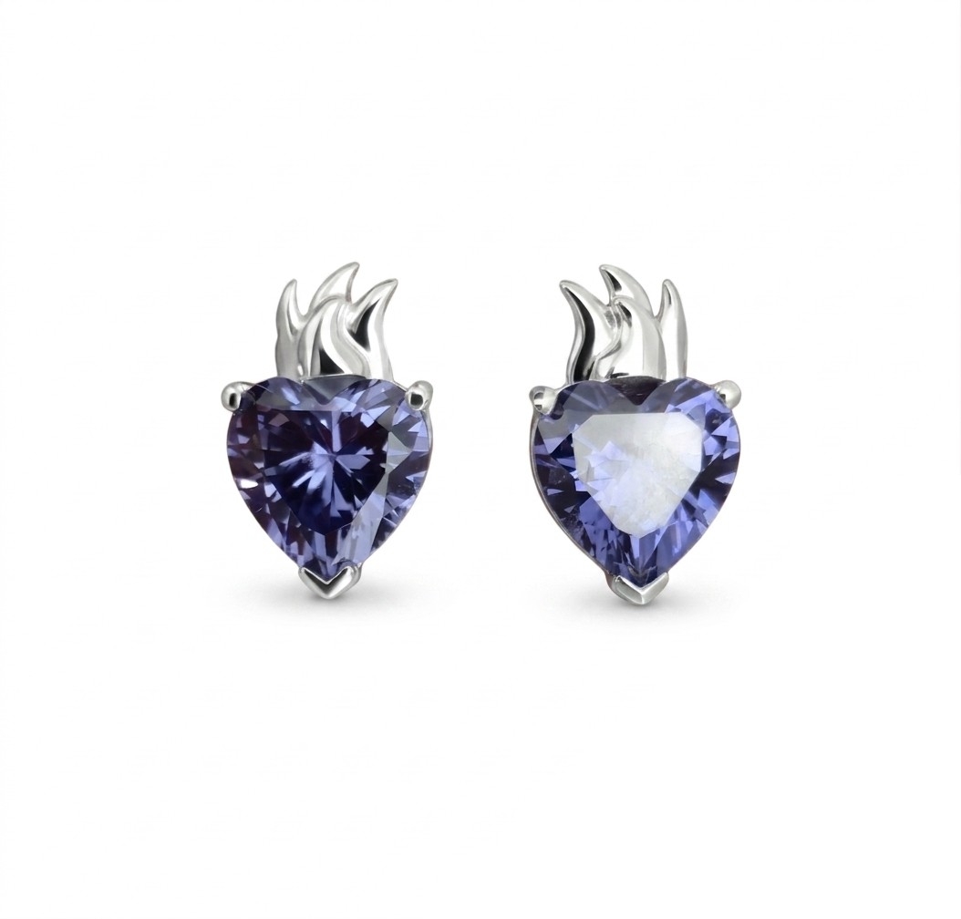 pendientes de plata fuego eterno azul violeta pendientes de corazon de plata con circonita azul Violeta fuego eterno zue joyas