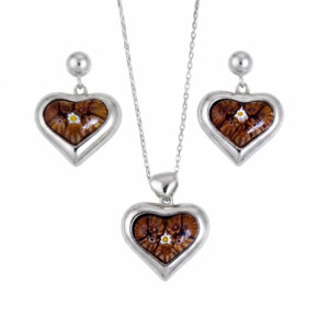 conjunto de pendientes y colgante de corazones cuoreterra plata de ley con cristal de murano marrón zuejoyas