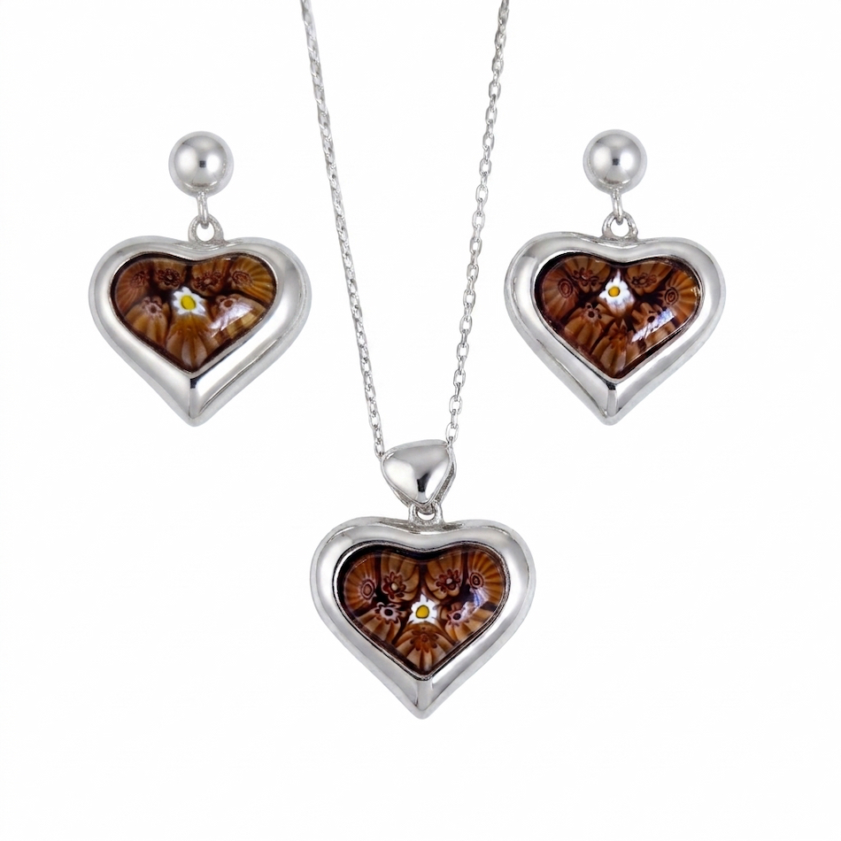 conjunto cuoreterra plata de ley y cristal de murano conjunto de pendientes y colgante de corazones cuoreterra plata de ley con cristal de murano marrón zuejoyas