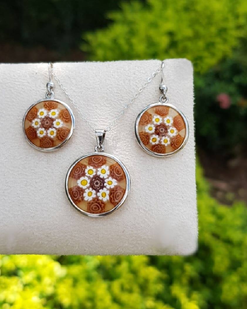 conjunto sole mandala Murano Millefiori y plata de ley zue joyas