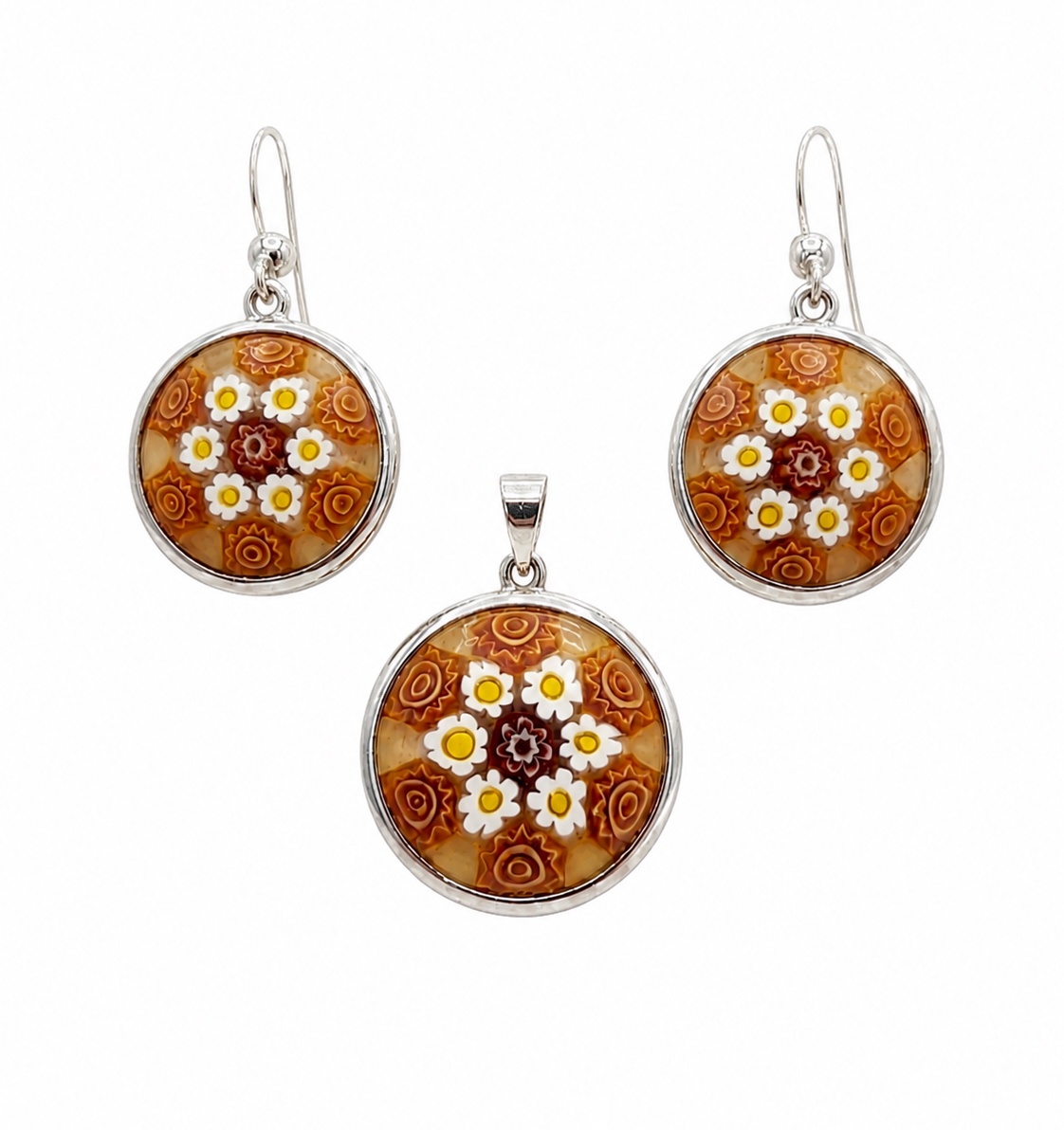 conjunto sole murano y plata conjunto sole mandala Murano Millefiori y plata de ley zue joyas