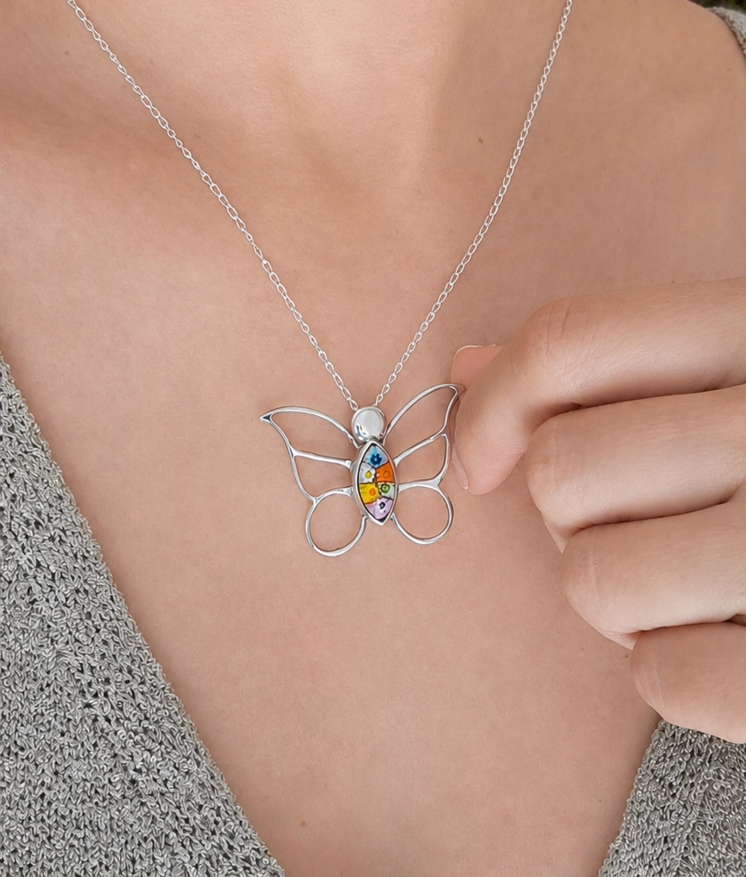 colgante mariposa con cristal de murano millefiori plata de ley Zue Joyas