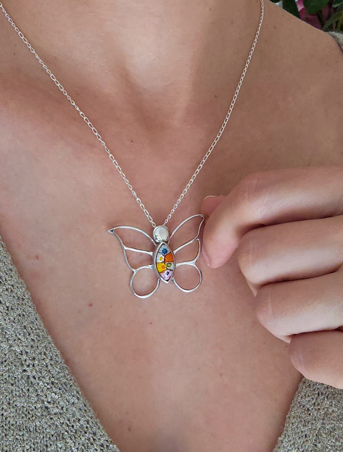 colgante mariposa con cristal de murano millefiori plata de ley Zue Joyas
