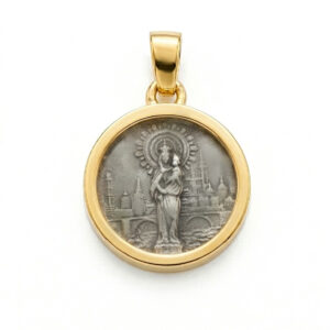 medalla virgen del pilar plata de ley con baño de oro 22 mm de diámetro zue joyas